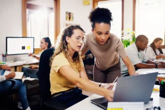 people, laptop, indoor, office building, social engagement